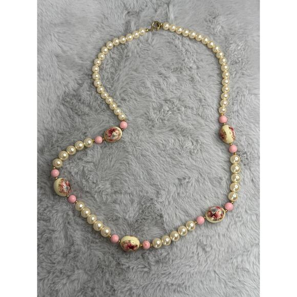 Vintage Japan Porcelain Floral Bead Faux Pearl Necklace 27" Hand Painted - Picture 2 of 7